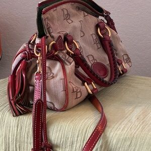 Dooney & Bourke Beige Signature Canvas Satchel with Burgundy Trim